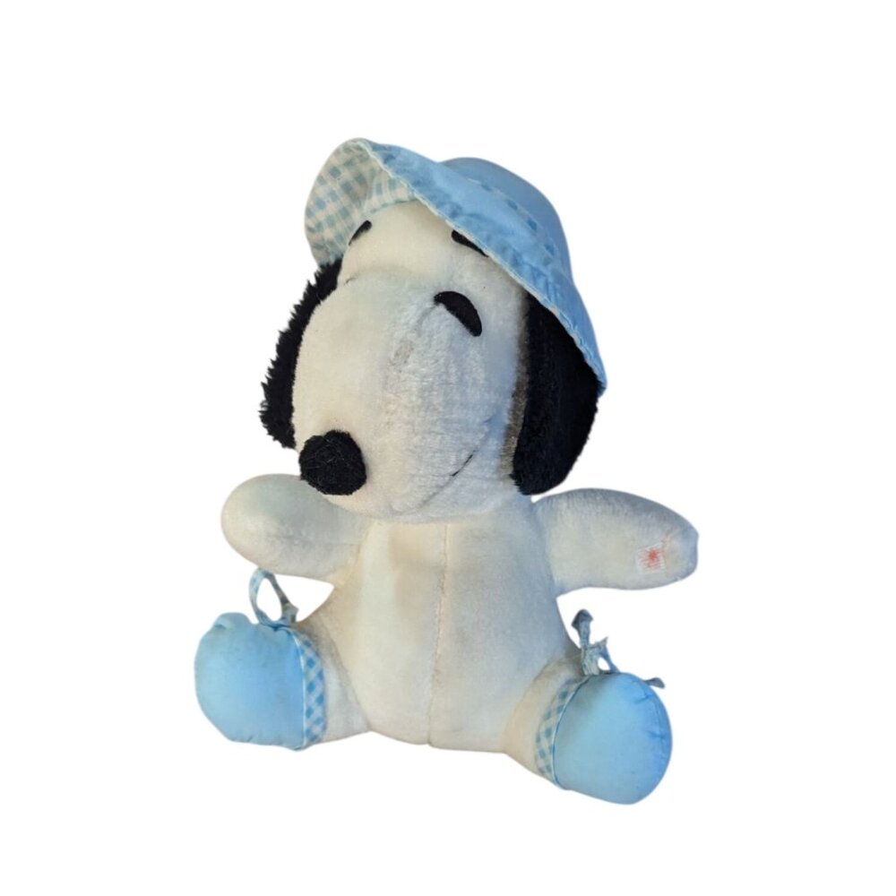 Vintage Determined Snoopy Plush Baby Blue Hat‎ Booties Peanuts 8" stuffed animal